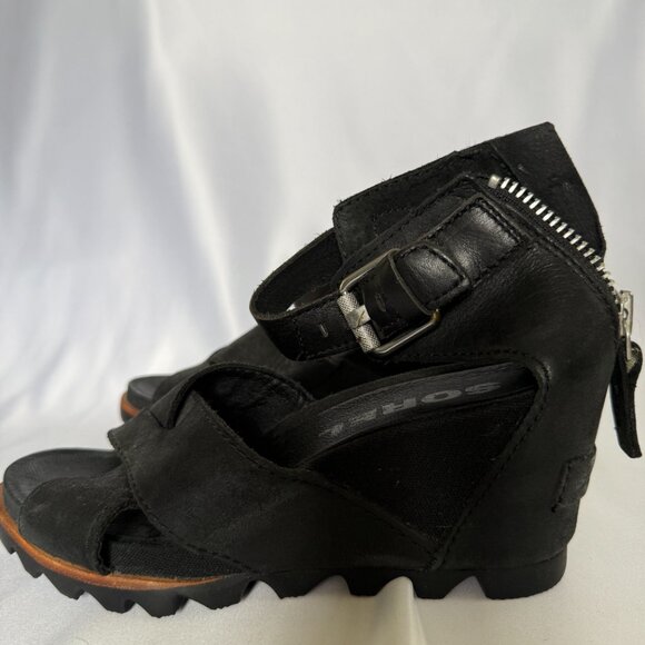Sorel Joanie II Ankle Strap Wedge Sandals Black Leather Size 6.5 - Picture 7 of 7